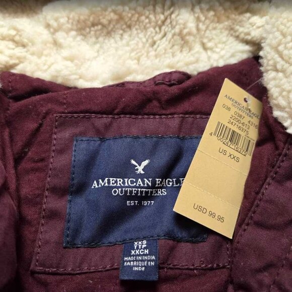 New XXS American Eagle hooded waxed cotton parka in Burgundy - Picture 5 of 8